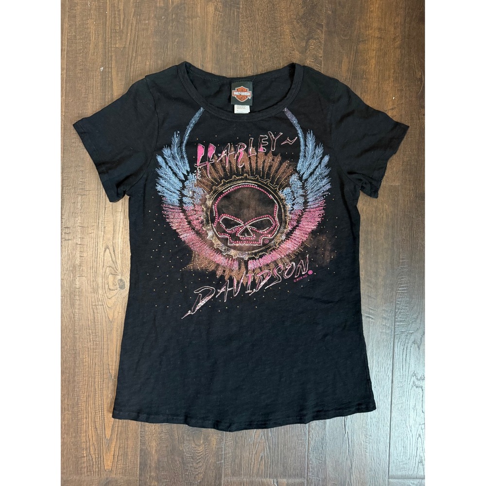 Harley-Davidson Feather Headdress Rhinestone Tee Black L